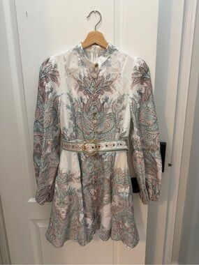 Paisley Print Long-Sleeve Mini Dress in Cream and Mint size small